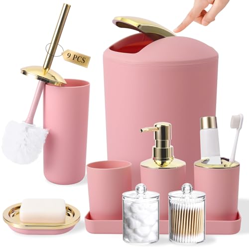 Ensemble d'accessoires de salle de bain – Ensemble de salle de bain de luxe rose, poubelle, brosse WC avec support, distributeur de savon, porte-brosse à...