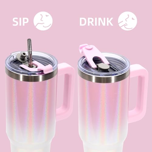 Image of 30 oz Shiny Tumbler with Handle and Straw,Stainless Steel Tumbler with Lid and Straw,Insulated Travel Mug(Cold for 34 Hours),Water Bottle for Iced Tea,Coffee (Pink)