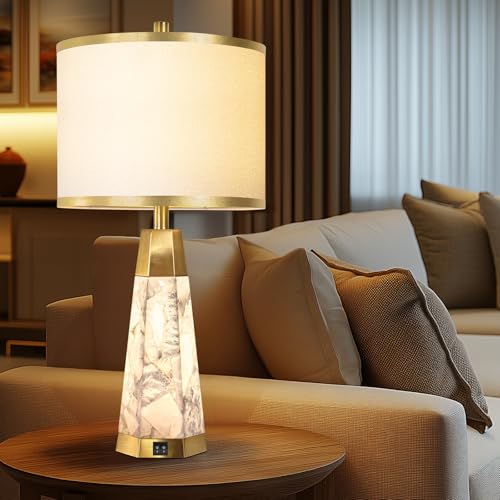 27" Natural Alabaster Table Lamps Set of 2 - Lamps for Living Room with Night Light, Bedside lamps with White Linen Shade, Nightstand Table Lamp with USB A+C Port for Bedroom Office (bulb included) - Image 5