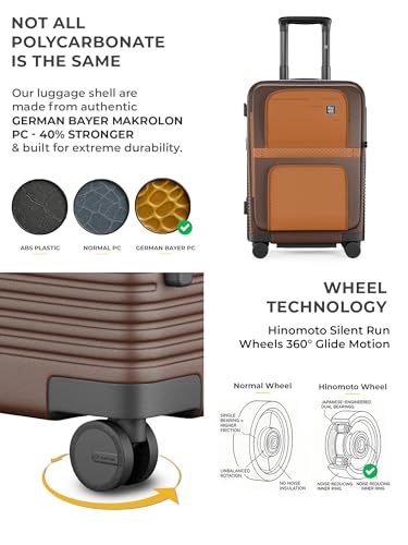 Image of EUME Aerotop Cabin Trolley Bag Small | Top Open Suitcase | Expandable Hard Polycarbonate Luggage | TSA Lock, Anti Theft Zipper, Silent Wheels | 16 inch inch Laptop Holder + Charging Port | 50L Brown