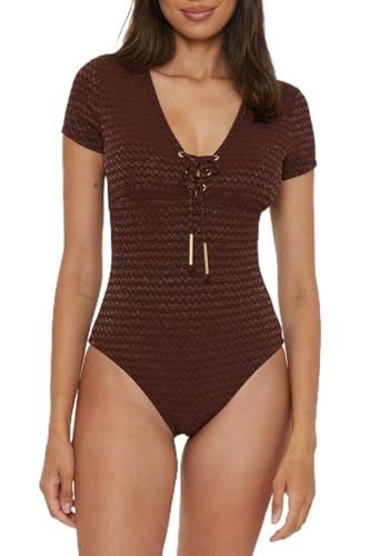Trina Turk Women's Glimmer Lace Up One Piece Swimsuit, Plunge V-Neck, Bathing Suits