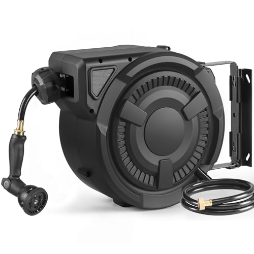 wikiwiki Retractable Garden Hose Reel 1/2 in x 50 ft Heavy Duty Wall Mounted Hose Reel with 10- Function Sprayer Nozzle Automatic Slow Return System/180Swivel Bracket/UV Resistant (Black)