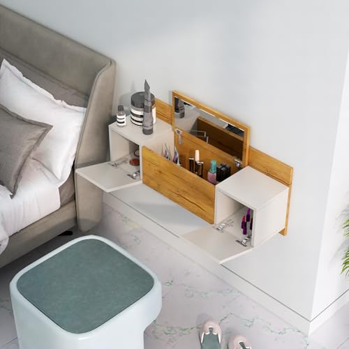 Image of Bniture Engineered Wood Wall Mount Dressing Table with 2 Door, Mirror and Huge Storage Space | Wall Mount Vanity (Giant Wood & Frosty White, HXDR109)