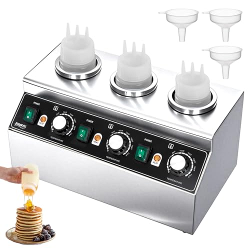 JOHAKYU Commercial Electric Sauce Warmer Dispenser – Stainless Steel Countertop Hot Fudge/Nacho Cheese Warmer with 3×650ml Squeeze Bottles and 3 Funnels
