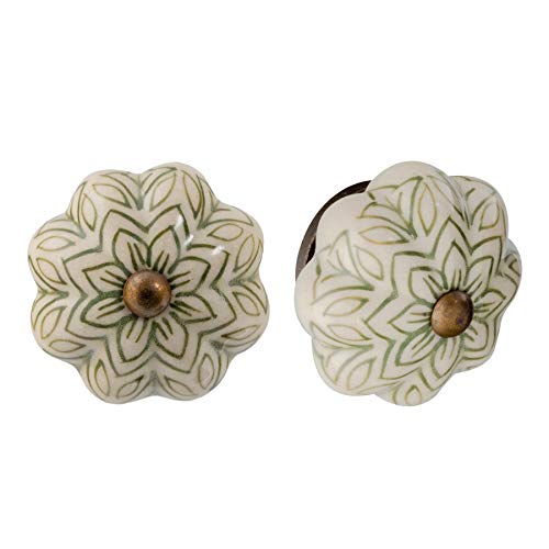 Nicola Spring Ceramic Cupboard Drawer Handle Knobs - Vintage Flower Design - Olive Green - Pack of 6