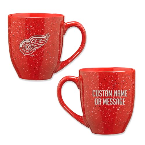 Image of Rico Industries NHL Hockey Detroit Red Wings Red Personalized 16 oz Team Color Laser Engraved Speckled Ceramic Coffee Mug