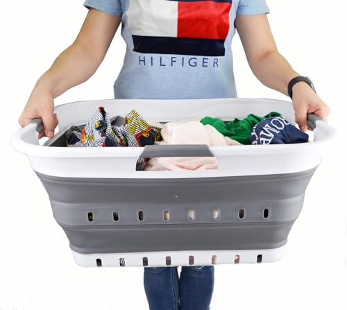 Image of SAMMART 42L (11 gallon) Collapsible Plastic Laundry Basket - Foldable Pop Up Storage Container /Organizer - Portable Basket - Space Saving Hamper /Basket (2, White /Dark Grey)