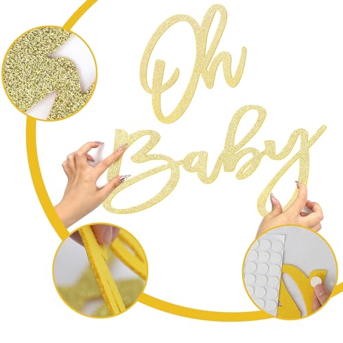 Image of Oh Baby Sign for Shower Backdrop - Glitter Felt Party Banner for Boy Girl Shower Decorations, Gender Reveal, 1st Birthday Photography Background - Gold