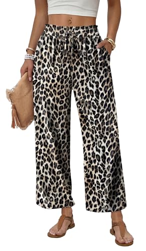 WIHOLL Wide Leg Pants Woman Flowy Palazzo Drawstring Elastic Waist Trousers with Pockets Casual Lounge