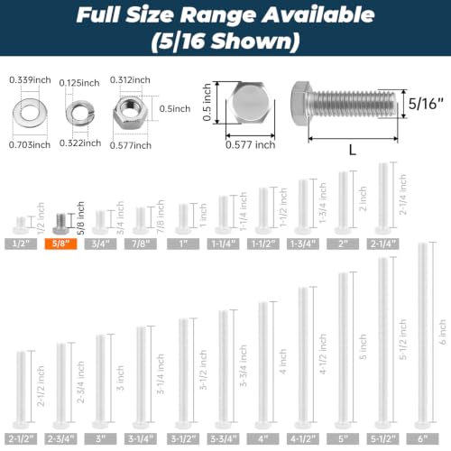 Image of 10 Sets Glvaner 5 /16-18 x 5 /8 inch Stainless Steel Hex Head Screws Bolts, Nuts, Flat & Lock Washers, 18-8 (304) Stainless Steel, Full Thread, Coarse Thread