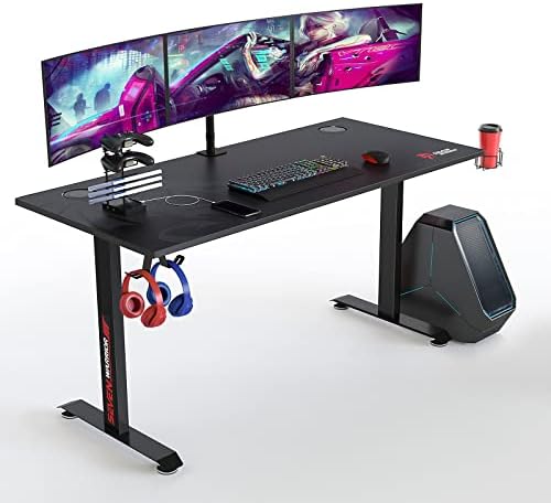 SEVEN WARRIOR Gaming Desk 60 INCH, T- Shaped Carbon Fiber Surface Computer Desk with Full Desk Mouse Pad, Ergonomic E-Sport Style Gamer Desk with Double Headphone Hook, USB Gaming Rack, Cup Holder
