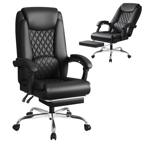 Shahoo Big and Tall Office Chair Height Adjustable Faux Leather Chair with Footrest and Lumbar Support, Ergonomic High Back Computer Chair with 360° Swivel Wheels Task Chairs for Office Home, Black