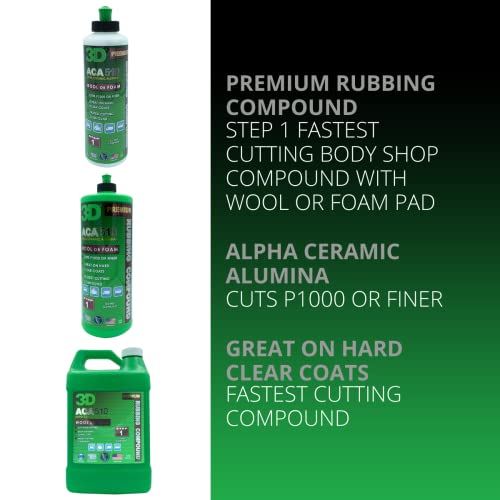 3D Aca 510 Premium Rubbing Compound - 32Oz - Step 1 Fastest Cutting Body Shop Compound With Wool Or Foam Pad - Cuts P1000 Or Finer - Great On Hard Clear Coats - Alpha Ceramic Alumina #TOP1