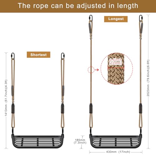 SELEWARE Heavy-Duty 17\" Metal Frame Swing Seat with Adjustable Rope & Quick Connect, Replacement Swing Set Accessories for Kids and Adults, Indoor/Outdoor Backyard Playground Tree Swing, Black