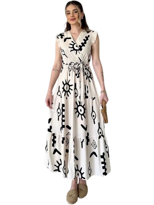 Fairy Creation Women Printed Maxi Dress | Stylish V Neck Flared One Piece Dress for Women | Casual Sleeveless Western Dress | Soft Comfortable Long Dress-picture-41