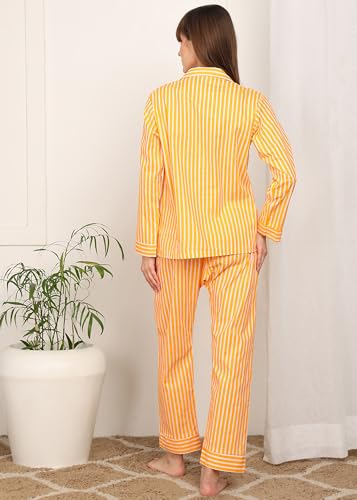 Image of Vlazom Women Cotton Striped Night Suit Set with Pocket | Full Sleeve Shirt & Pajama Co-Ord Set | Soft Breathable Sleepwear with Bow Detail | Comfortable Loungewear for Home
