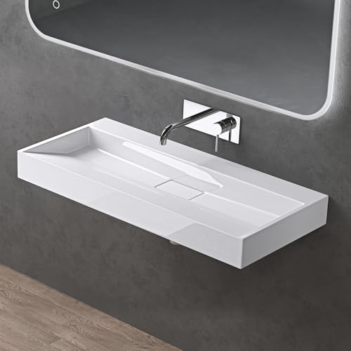 doporro Lavabo Suspendu avec Bonde Vasque à Poser Blanc 90x46x11cm Lave Mains Rectangulaire sans Perçage de Robinet Colossum19