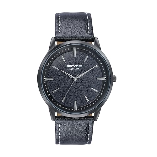 Sonata Poze Quartz Analog Black Dial Leather Strap Watch for Men