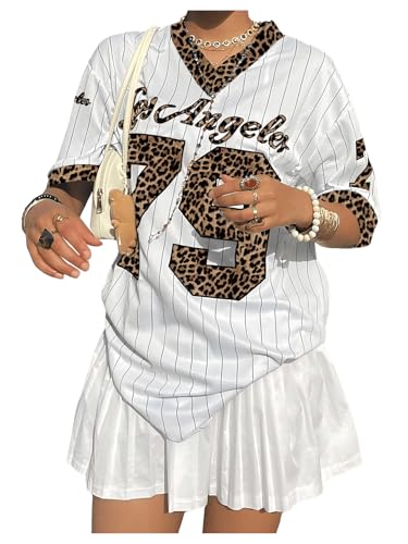 Oversized Baseball Jersey Shirts for Women Los Angeles Y2K Striped Number Graphic Tee V Neck Half Sleeve Streetwear