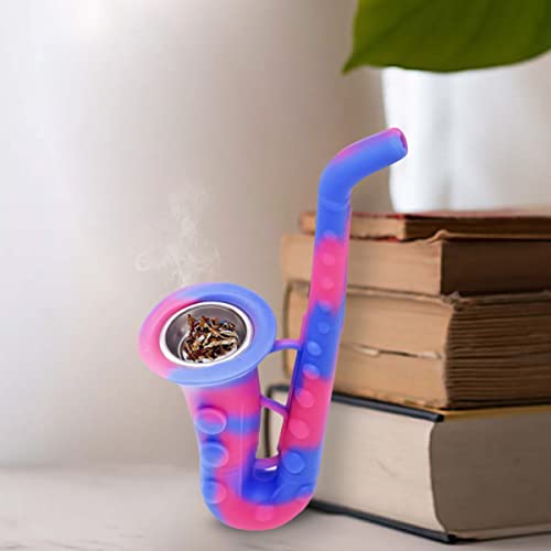 Image of Kookee Silicone Unbreakable Saxophone Smoking Pipe, Tobacco Pipes with Steel Bowl, Blue and Pink