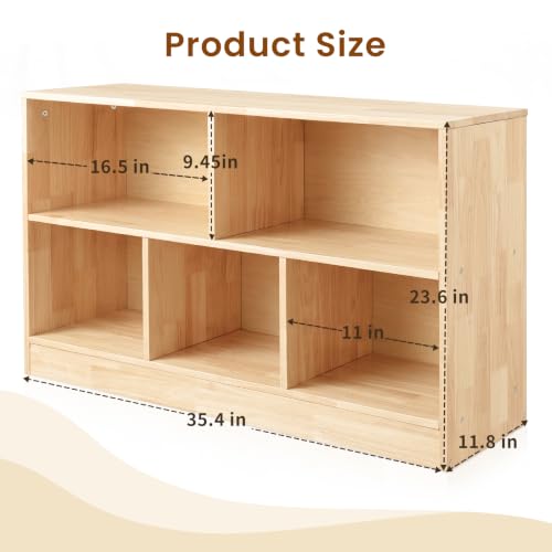 Image of Solid Rubber Wood Kids Storage Cabinet, 5-Section Toddler Montessori Bookshelf, Kids Organizer for Classroom, Playroom, Kindergarten, Medium Size