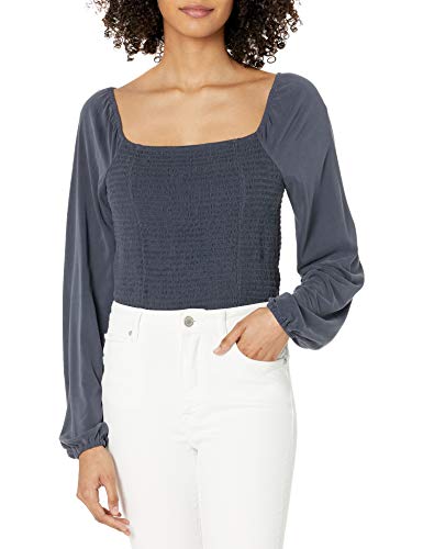 Lucky Brand womens Puff Sleeve Ruched Square Neck Top Blouse, American Navy, Large US