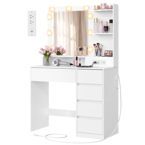 Image of VASAGLE 31.5-Inch Vanity Desk with Mirror and Lights, Power Outlets