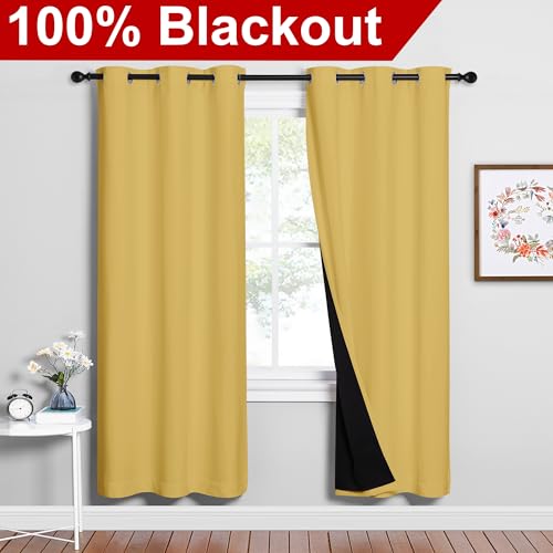 Image of NICETOWN Bright Yellow Full Shade Curtain Panels, Pair of Energy Smart & Noise Blocking Out Blackout Drapes for Dining Room Window, Thermal Insulated Guest Room Lined Window Dressing(42 x 72 inch)