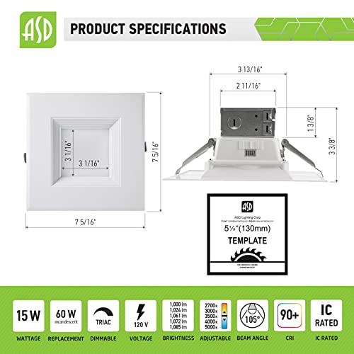 Asd 12-Pack 6 Inch Led Square Recessed Lighting With Integrated Junction Box - 15W 1085Lm Canless Led Recessed Light, 2700K-5000K Adjustable Dimmable Downlight, Wet & Ic Rated, Ul Energy Star #TOP1
