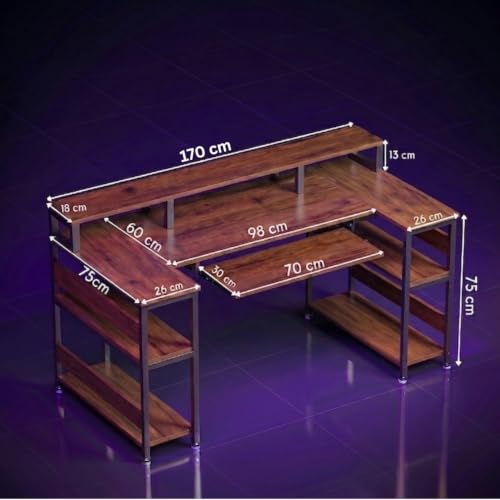 Image of Deskio Gamz Desk, Computer Table for Home Pc, Office Table for Home, Gaming Worktable | with Book Shelf + Monitor Riser, Forest Wood, Metal (170 Cm x 60 Cm x 75 Cm) | DIY