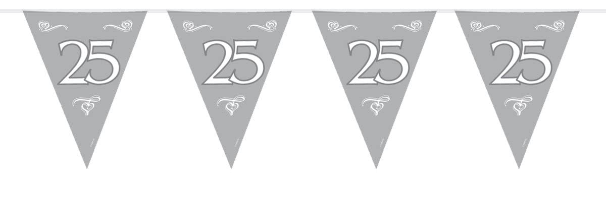 Bunting Silver 25th Anniversary 10 metres, 15 Triangle flags each flag measures approx. 30x22cms. Plastic