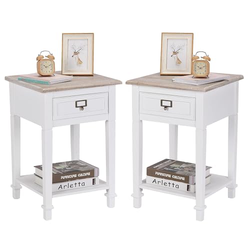 Wnutrees-Rustic-Farmhouse-Accent-End-Table-Nightstand-Side-Tables-with-Drawers-and-Open-Storage-Shelf-for-Living-Room-Bedroom-Wooden-Top-Handcrafted-Finish-Set-of-2-White Wnutrees Rustic Farmhouse Accent End Table Nightstand Side Tables with Drawers and Open Storage Shelf for Living Room Bedroom Wooden Top Handcrafted Finish Set of 2 White