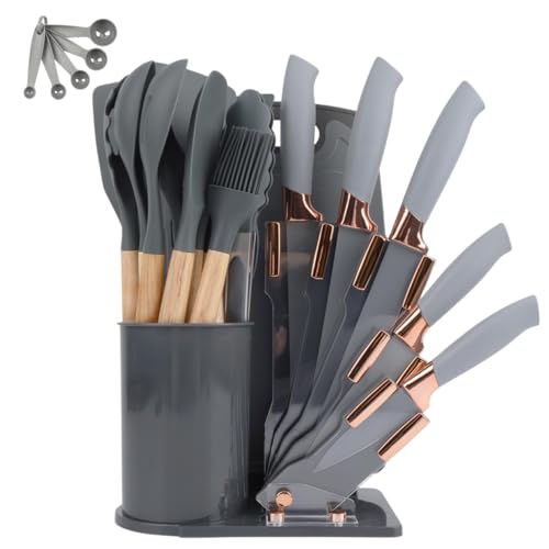 Kit 19 Utensílios De Cozinha Com Cabo De Madeira E Silicone (Cinz...