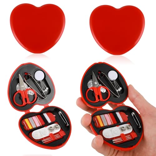 Cobee 2-teiliges Mini-Nähset für Reiseutensilien, herzförmige Nähaufbewahrungsbox mit Nadeln, Knöpfen, Drahtstiften und Fadenschere (rot), DIY-Notfall-Näh-Reparaturzubehör