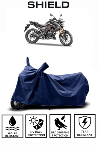 Image of Shield Heavy Duty Bike Cover for Honda Hornet | All-Season, Tear-Proof Fabric | with Side Mirror Pocket & Buckle Belt | Honda Hornet Bike Cover (Blue)
