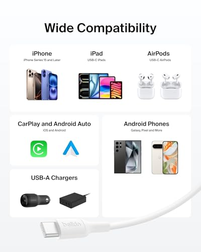 Image of Belkin Eco Braided USB-A to USB-C Cable 2-Pack (3.3ft, 15W) - Soft, Flexible Fast-Charging Cable, Type C Charger Cord for iPhone 16 & 15 Series, Galaxy S25, Pixel 9, iPad Pro, & More - White (USB 2.0)