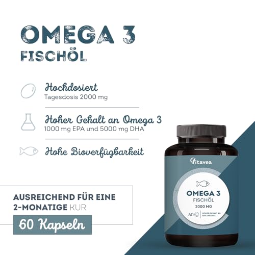 Omega 3 Wildfischöl 2000mg - 1000mg EPA, 500mg DHA, 60 Omega 3 Kapseln hochdosiert - Herz- & Gehirnfunktion, Sehkraft - 2 Monate - Vitavea