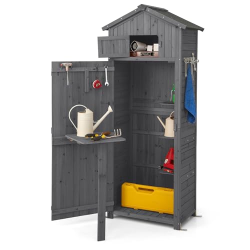 COSTWAY Gartenschrank Holz, Gerätehaus wetterfest, Geräteschuppen mit klappbarem Tisch & Tür & 8 Haken, Holzschuppen mit Satteldach, Geräteschrank Gartenschuppen, für Garten, Terrasse, Hof (Grau)