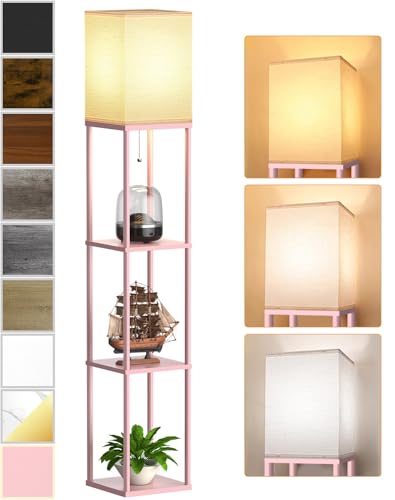 Pink Floor Lamp with Shelves for Living Room Shelf Floor Lamp with 3 CCT LED Bulb Corner Display Standing Column Lamp Etagere Organizer Tower Nightstand with White Linen Shade for Bedroom Office