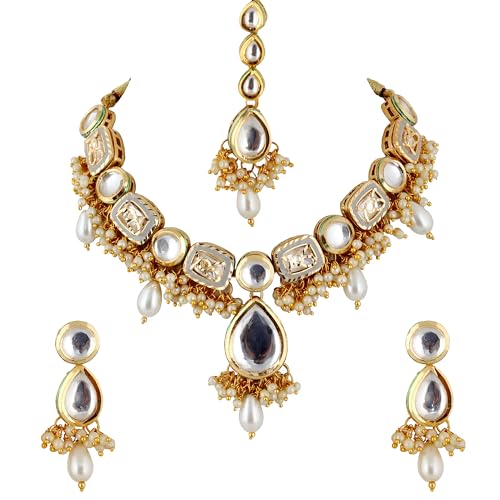 Image of Lucky Jewellery Meenakari 18k Gold Plated Tika Earring Combo Uncut Big Faux Kundan Choker Necklace set