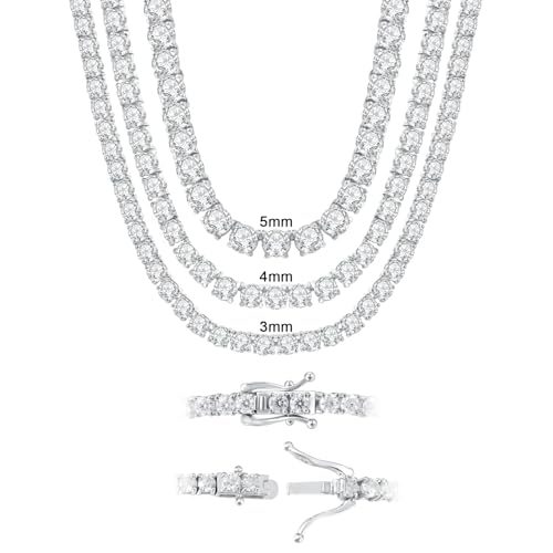 ReyFolop Moissanite Tennis Necklaces for Women 18k White Gold Men Necklaces 925 Sterling Silver Necklaces for Women Gifts 3-5mm Moissanite Womens Necklaces Size 14-22 Inch (3MM 16INMEF)