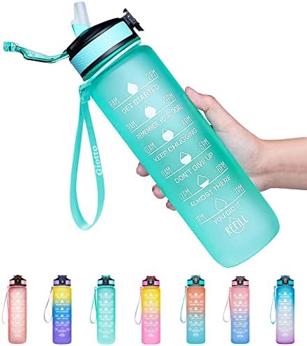Giotto 32oz Large Leakproof BPA Free Drinking Water Bottle with Time Marker & Straw to Ensure You Drink Enough Water Throughout The Day for Fitness and Outdoor Enthusiasts-Mint Green