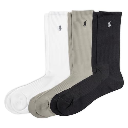 Polo Ralph Lauren Men's Tech Athletic Crew Socks-3 Pair Pack-Sport Cushioned Arch Support, Black Assorted, 6-12.5