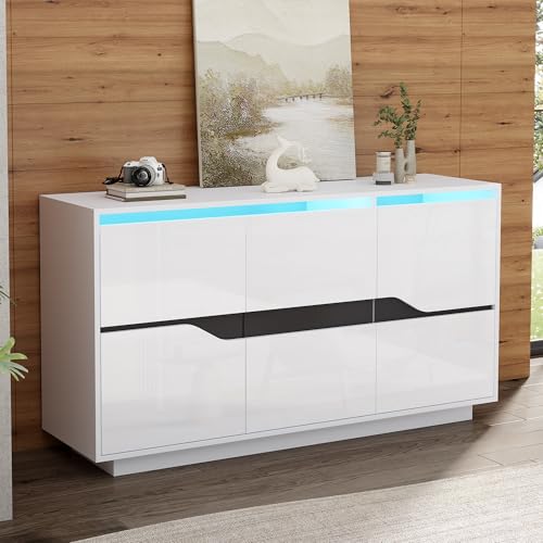 Merax Sideboard Hochglanz Weiß mit LED, Küchenschrank mit 3 Türen, Anrichte mit Verstellbares Regal, Buffetschrank Mehrzweckschrank mit viel Stauraum, Flurschrank für Wohnzimmer, Esszimmer, 140cm