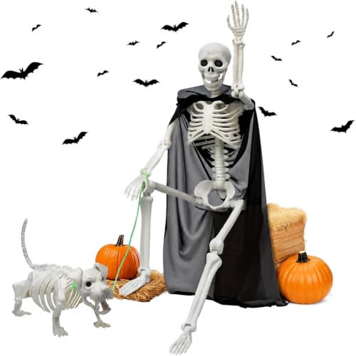 Halloween Decorations Outdoor 36 Inch Realistic Posable Skeleton With Dog | 3ft Full Body Posable Skeleton Plastic Bones Movable Joints Halloween Party Yard Haunted House Props Indoor Decor - image 1