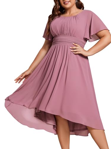 Image of Ever-Pretty Women's Plus Size Formal Wedding Guest Dresses for Curvy Women A Line Chiffon Midi High Low Cocktail Dress