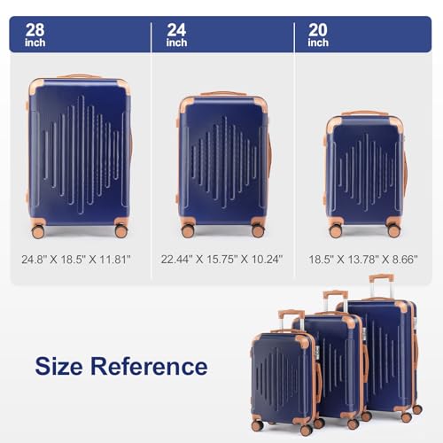 Karl home Luggage Set 3 Piece Suitcase Sets with TSA Lock Moulded Corner 4 Spinner Wheels, ABS Hardside Trolley Travel Case for Carry On Check-in Business Trip, Navy Blue & Brown (20/24/28)3
