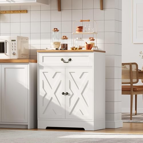 GarveeMore Farmhouse Küchen-Sideboard & Kaffeebar, Walnuss/Weiß | Buffet-Schrank mit Stauraum freistehend - 2 Türen & 1 Schublade - verstellbare Einlegeböden - für Esszimmer/Flur