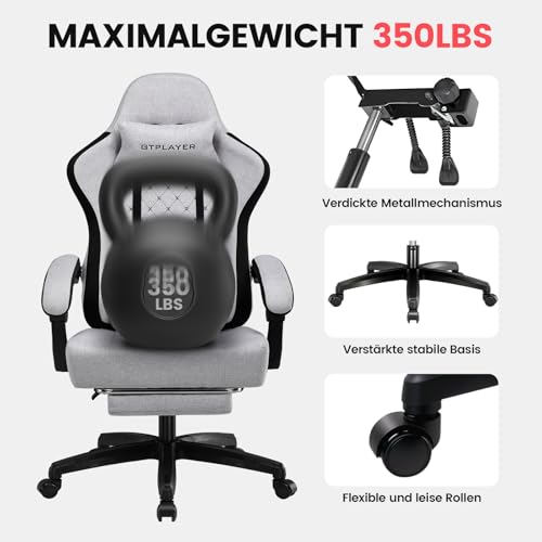 Image of GTPLAYER Gaming Chair Fabric, Gaming Chair with Pocket Spring Cushion, Ergonomic Swivel Chair, Gamer Chair with Footrest, 150 kg Load Capacity, Light Grey
