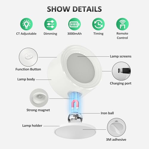 Image of Racokky LED Wall Lights 2 Pcs with Remote, Wall Sconces Lamp 3000mAh Rechargeable Battery Operated, 3 Color Temperatures & Dimmable Magnetic 360 Rotation Cordless Light for Bedroom Reading(White)